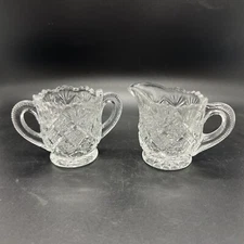 Vintage Set of Cream and Sugar Pressed Cut Glass Sawtooth Rim