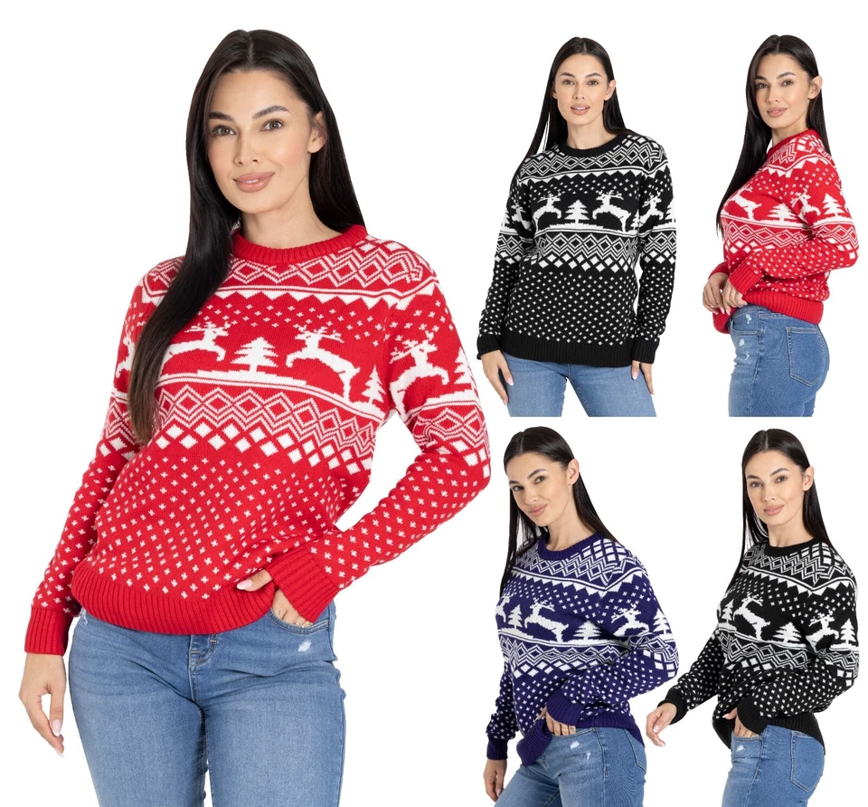 BLAUERHAFEN Damen Weihnachts Crew Neck Rentier-Print Lustiger Ugly Christmas Sweater