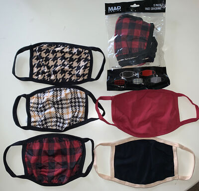 MAD Engine Adult 5-Pack Washable Fabric Face Covering Masks *SOLID & PLAIDS* Lot