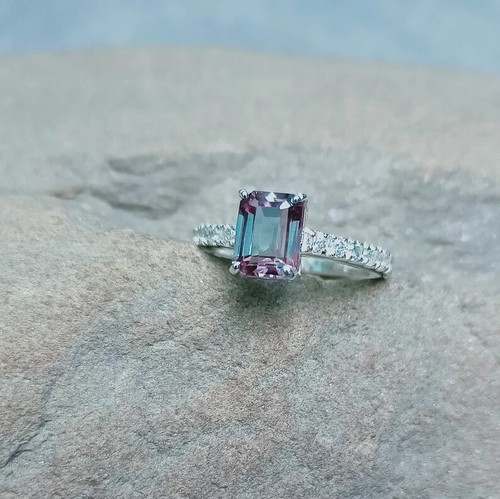 Octagon cut Alexandrite Gemstone Jewelry 14K Solid White Gold Rings For Women - Picture 8 of 11