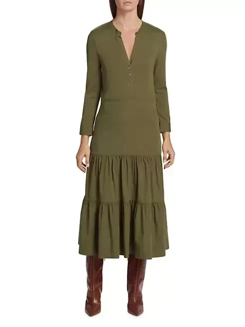 Vestido midi de algodón delantero con botones en capas de laurel oliva VERONICA BEARD M 8/10 Foto 4 de 4