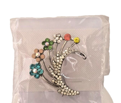 NEW in PKG Andux Women's Brooch /Pin 1.5 in long Multicolor Rhinestone Flowers
