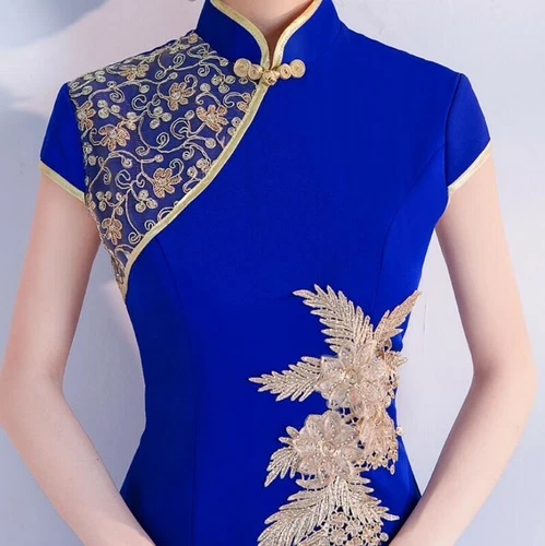Hochgeschlitztes chinesisches Qipao-Damenkleid Cheongsam Stickerei Abschlussball Abend Party - Bild 9 von 17