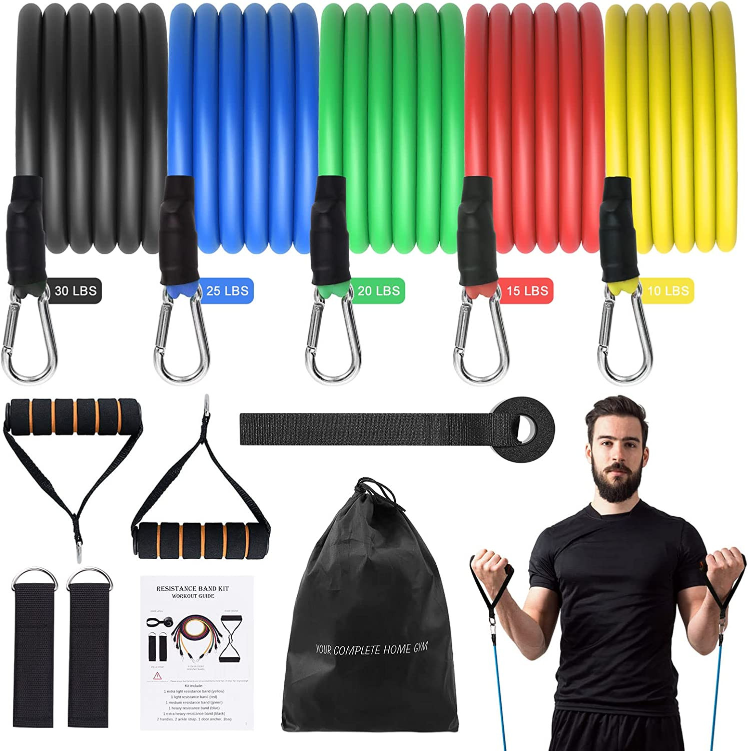 Resistance Bands Set 12pcs, 100lbs Elastic Exercise Bands with Door Anchor, Hand