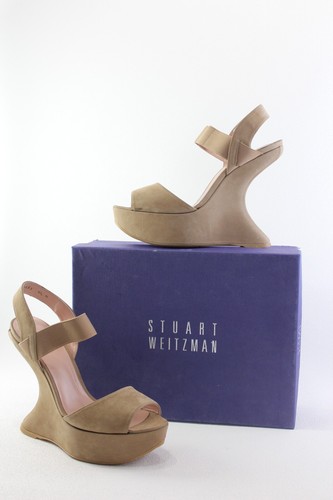 STUART WEITZMAN Women's Wedge Sandals Platform Size 9.5 Beige Nubuck NEW -VIDEO- - 第 1/13 張圖片