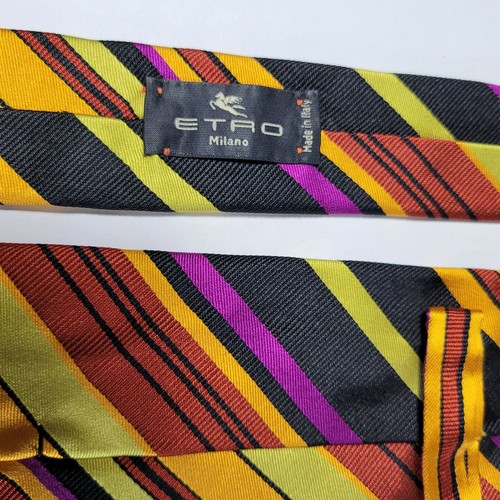 Corbata Etro Milano para hombre a rayas multicolor 100 % seda hecha a mano en Italia - Imagen 4 de 8