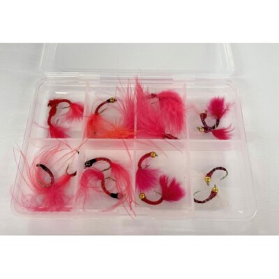 16 Bloodworm Nymph trout flies, mixed in compartment box, please
