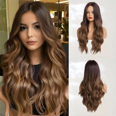 Haoland Long Ombre Brown Wavy Wig for Women 26 Inch Middle Part Curly Women's...