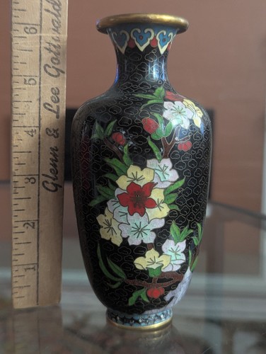 Vtg Cloisonne Enamel on Brass Floral Vase Chinoiserie Garden Black Pattern Art