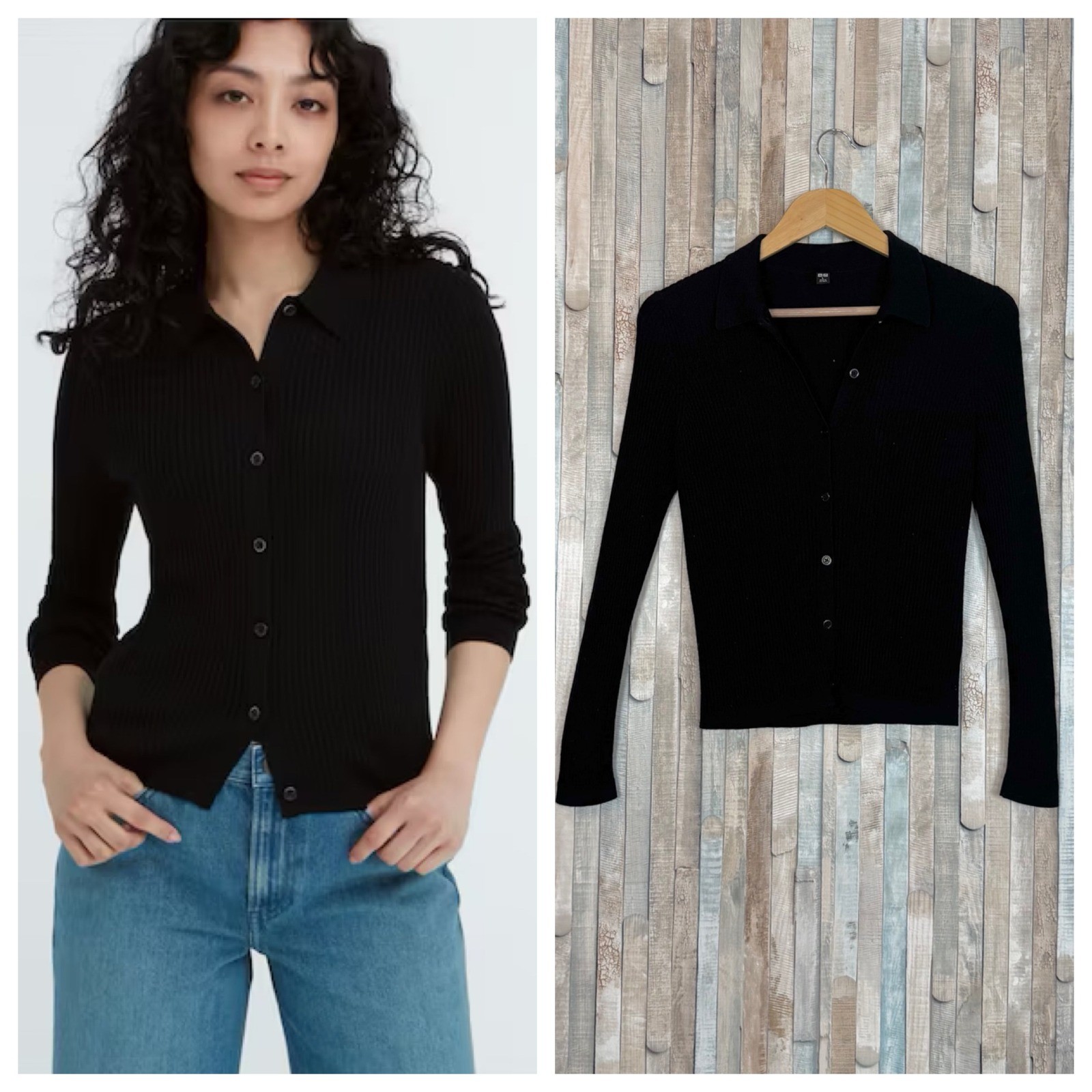 Uniqlo L Extra Fine Merino Wool Ribbed Polo Cardigan Button Front Top Sweater