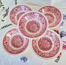 5 Mason’s Vista Pink Ironstone Cereal Bowls Replacement 1970s England (15 av)