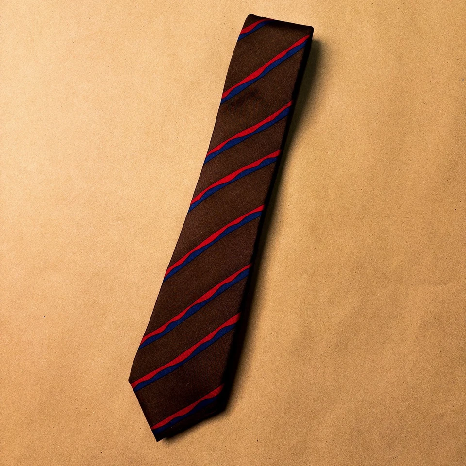 True Vintage Lanvin Men's Neck Tie 100% Silk Brown Blue Red Stripe Skinny Narrow - Image 3 of 4