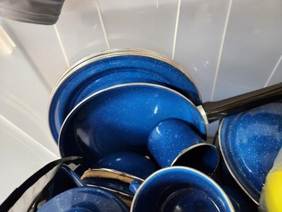 Vintage GSI Pioneer Enameled Outdoor Table Set, Cookware, Coffee Maker, Not used