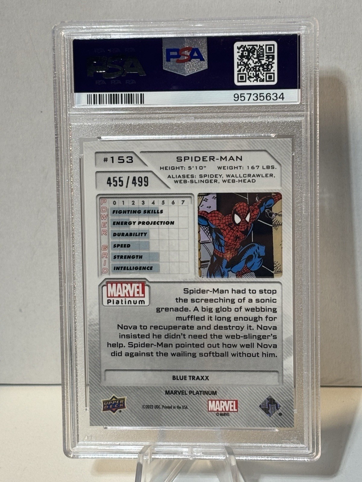 2023 Marvel Platinum Spider-Man #153 Blue Traxx /499 PSA 10 GEM MINT view 2