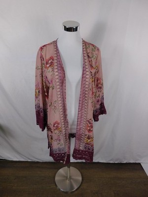 Mason & Belle Kimono Cardigan Womens Large Pink Floral Lace Trim Boho Open Front