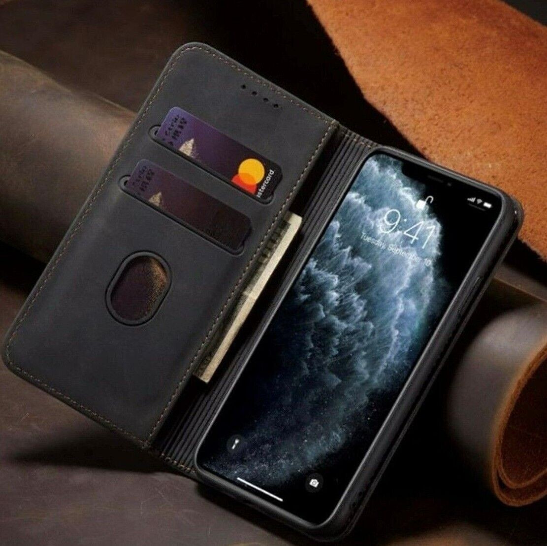 Magnetic Leather Wallet Case for iPhone 12 13 Pro Max with Flip Stand & Card Holder in Black-image