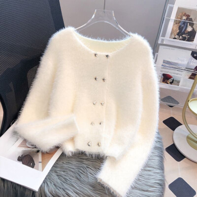 Women Faux Fur Knitted Sweater Short Cardigan Fluffy Jumper Coat Knitwear  Warm