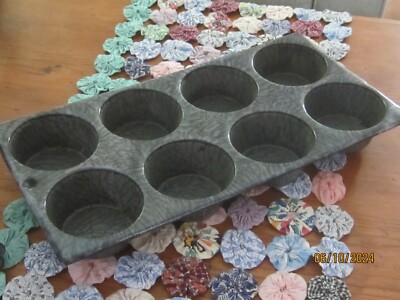 Old Vintage Gray Graniteware Enamelware Muffin Pan Tin Cupcake