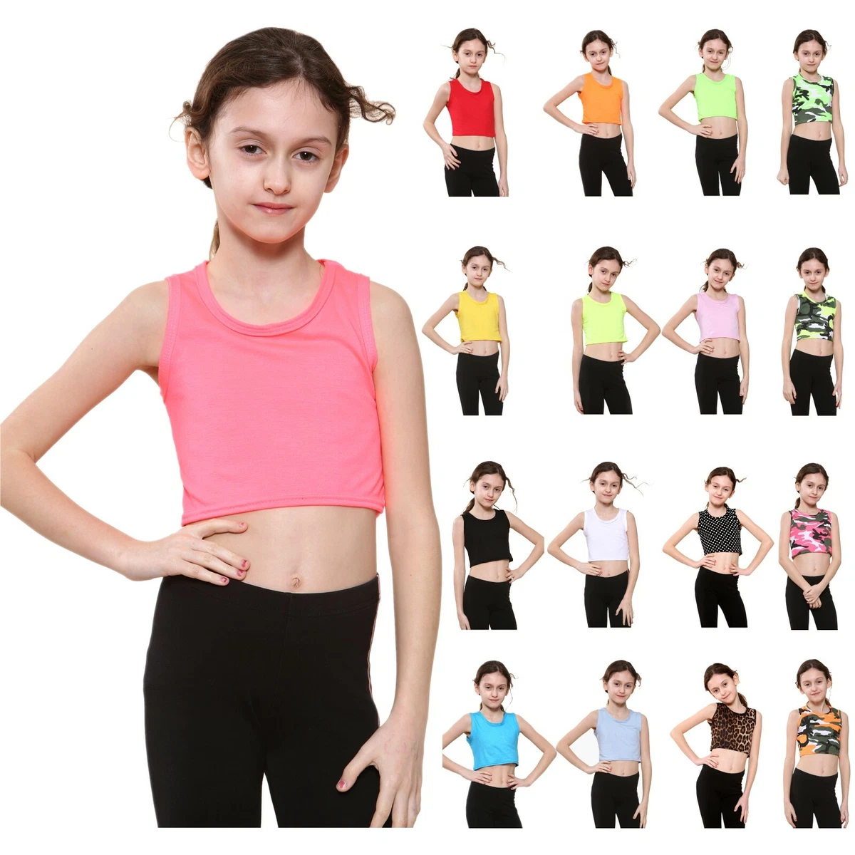 Girls Crop Top Vest Sleeveless Dance Camo Neon Belly Shirt kids Tee 5-14  Years