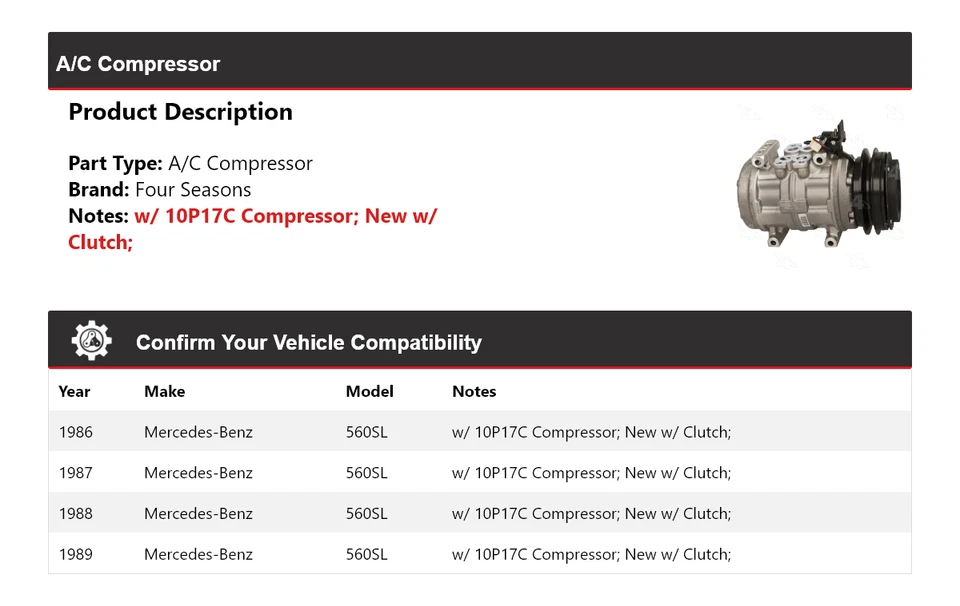 Para 1986-1989 Mercedes-Benz 560SL A/C Compressor 4 Estações 1987 1988 - Imagem 2 de 4