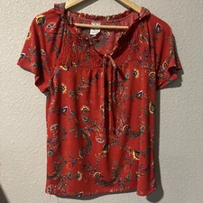 Naif for Anthropologie RED Floral Front-Tie Blouse PETITE SMALL