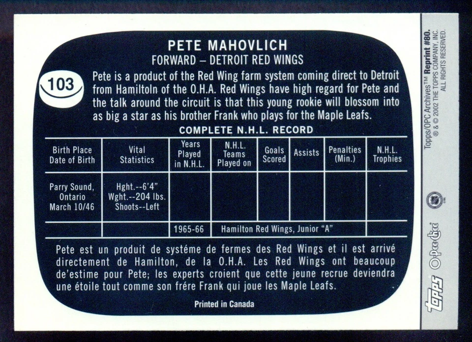 1966-67 Topps NHL Hockey #103 Pete Mahovlich HOF RC MINT RedWings Rookie Reprint - Image 2 of 2