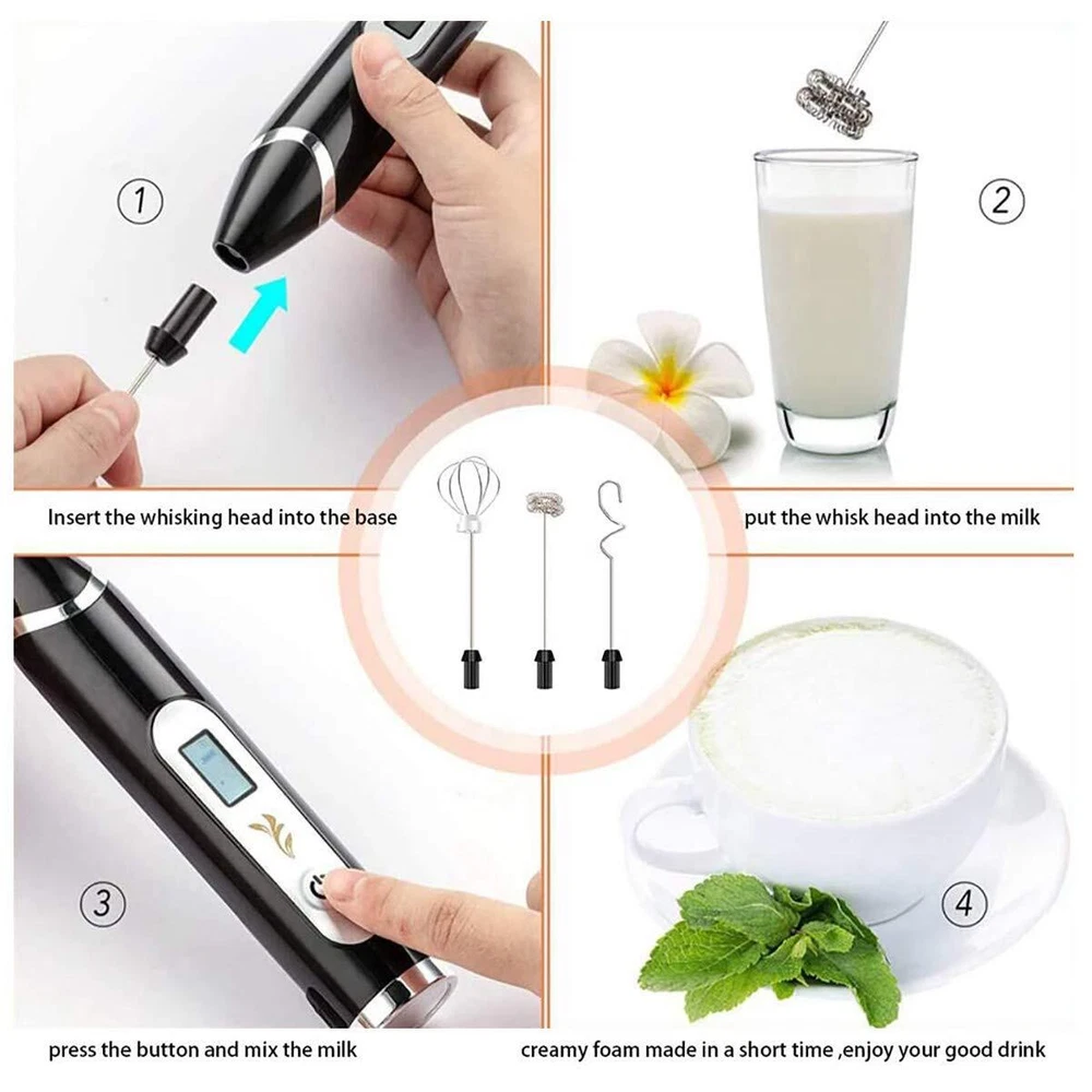 Milk Frother Handheld USB Rechargeable LCD Electric Milk Frother Adjustable 3...
