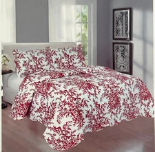 3-Piece Queen Size Printed WHITE AND RED Quilt Set -RED  Flower