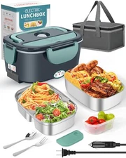 Electric Lunch Box Food Heater 80W Food Warmer with Dual Container 1.5L Porta...
