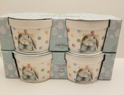 Ciroa Easter Parade Set of 4 Porcelain Ramekins Appetizer Bowls Bunny Polka Dot