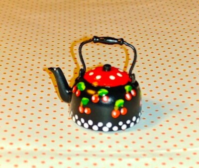 Dollhouse Miniature Hand Painted Tea Kettle by Sue Ayers Black Cherry # 2
