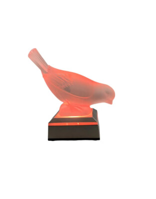 LALIQUE France Frosted Crystal Sparrow Bird Figurine with Color Changing Base
