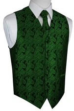 MEN"S GREEN PAISLEY TUXEDO VEST, TIE & HANKIE SET. Formal, Wedding, Prom, Cruise