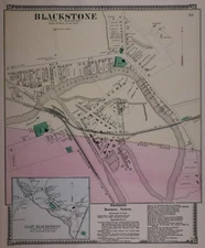 Old 1870 Plat Map ~ BLACKSTONE - EAST BLACKSTONE, WORCESTER Co., MASSACHUSETTS