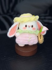 OOAK Micro Crochet Bunny Art Doll Wire Bendable Ears Removable Hat Bag Stand