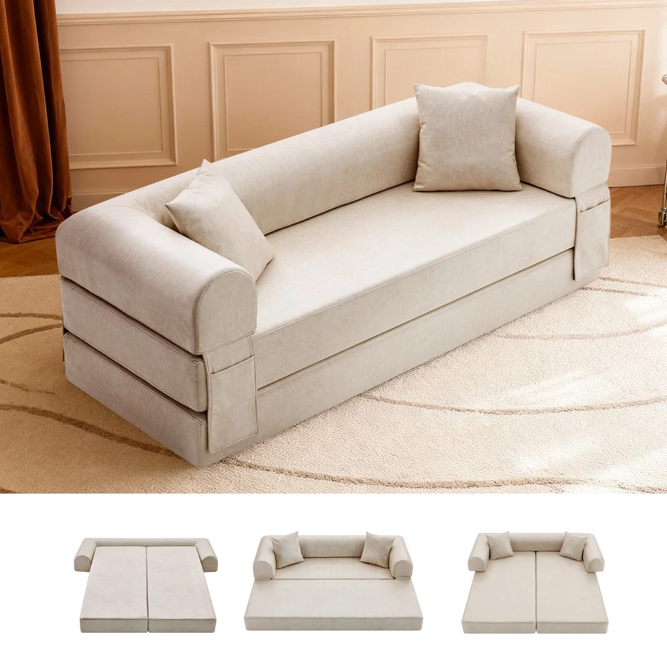 Sofá cama convertible, sofá futón sofá loveseat de cuero sintético con bolsillo de almacenamiento lateral Foto 4 de 4