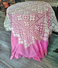 Vtg Table Topper 38" Square Beige Handmade All-Over Lace Geometric