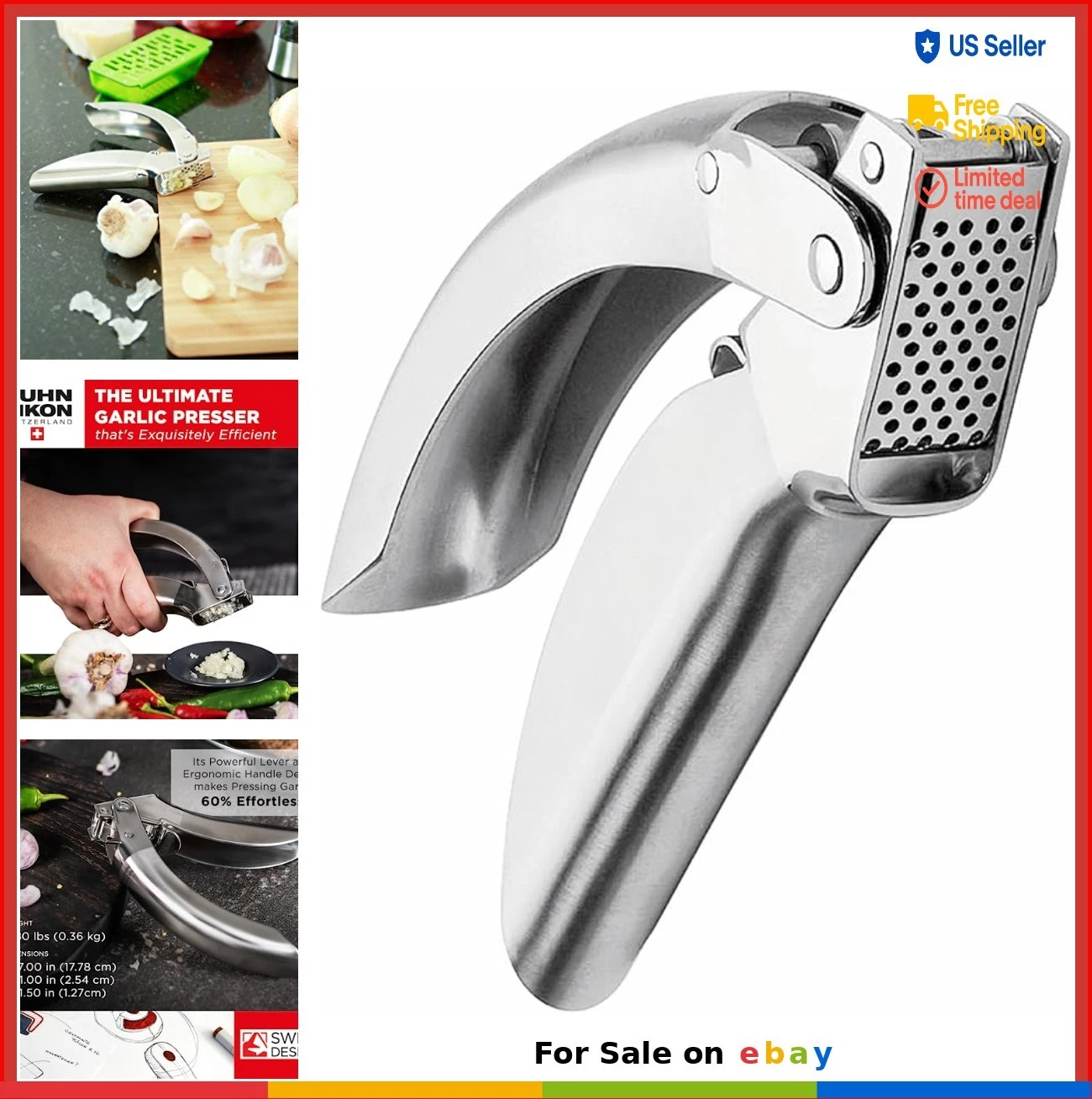 Stainless Steel Garlic Press Ergonomic Lever Dishwasher Safe Easy Clean Fine