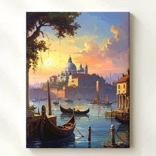 Romantic Harbor Canvas Fantastical Gondola Scene At Sunset Wall Art