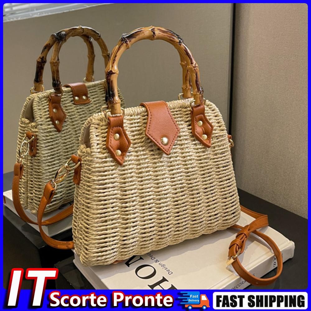 SAOLA Borse estive tessute a mano Borsa a tracolla da donna con manico in bambù per vi