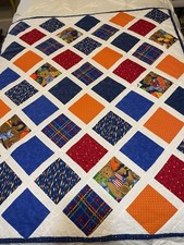 VINTAGE Teddy Bear Crib Quilt Red Blue Orange White Bold Colors 46"x 38" Reverse
