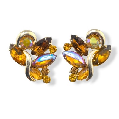 Vintage Signed KRAMER Topaz & Amber Rhinestone Clip Earrings Juliana D&E Design