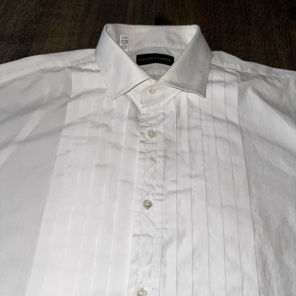 Ralph Lauren Black Label Shirt Mens 17 French Cuff White Tuxedo Made Italy Flaws - Image 4 of 4