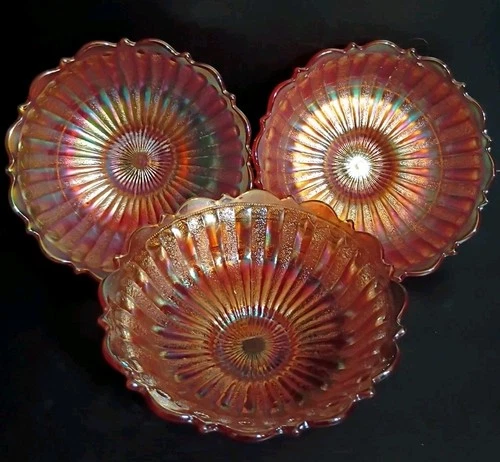 ALL 3 Fenton Marigold Carnival Glass Stippled Rays/Scale Band Bowl 5.75" x 2.25"