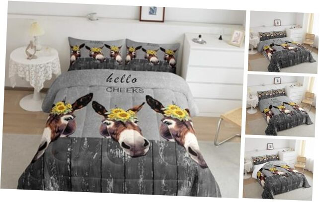Donkey Comforter Set Queen Size, Sunflower Animal Theme Bedding Set 3pcs for