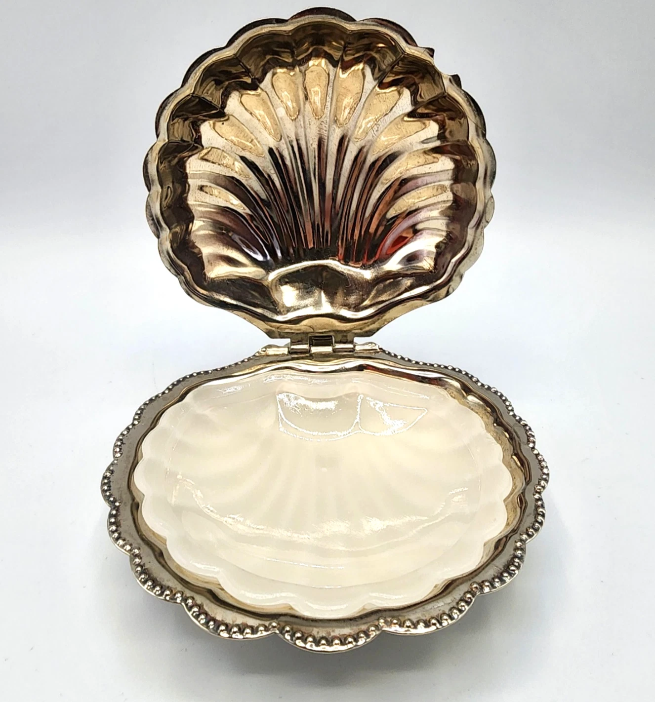 Vintage Silver-Plated Shell Shape Butter Dish White Glass Insert Jam Caviar Dish
