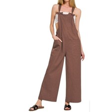 Zenana Woven Knot Strap Overalls Brown Wide Leg Jumpsuit small 7301Y