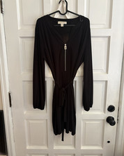 Michael Michael Kors Women  s Black Mini Dress V-Neck Long Sleeve Zip Belted XL