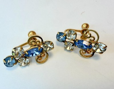 Vintage 1950s LG Blue & Clear Rhinestone Gold-Tone Screwback Earrings