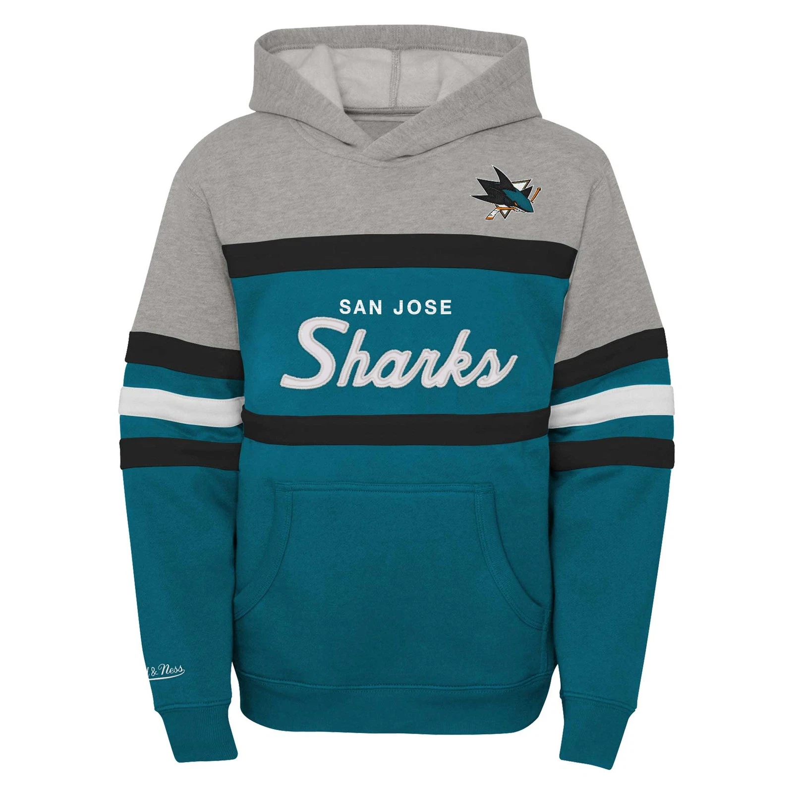 COACH Felpa con cappuccio maglione allenatore di squali San Jose Mitchell & Ness Teal giovanile